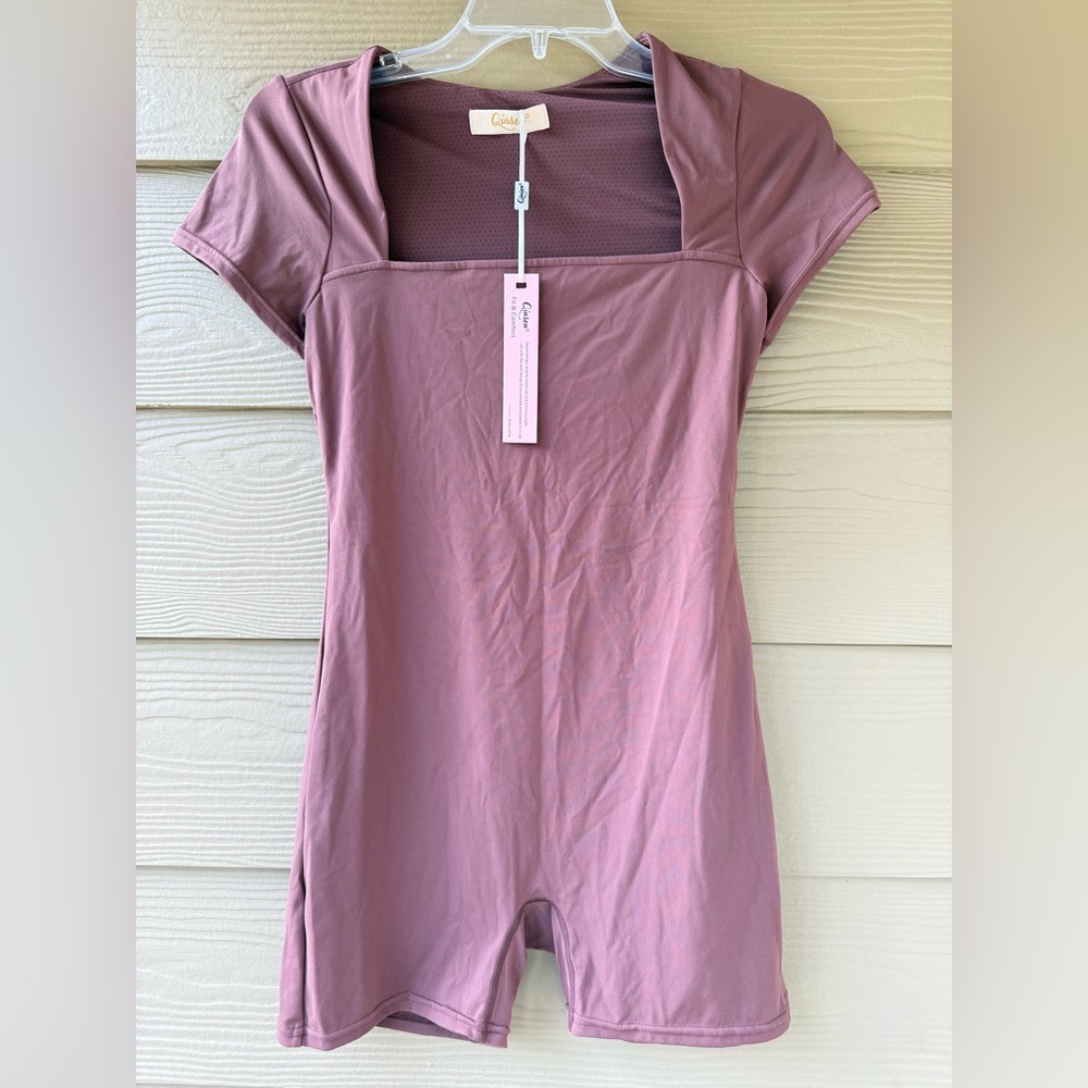 Qinsen Women's Brown Taupe Square Neck Bodysuit Romper Activewear Jumpsuit Sz L - Picture 4 of 9